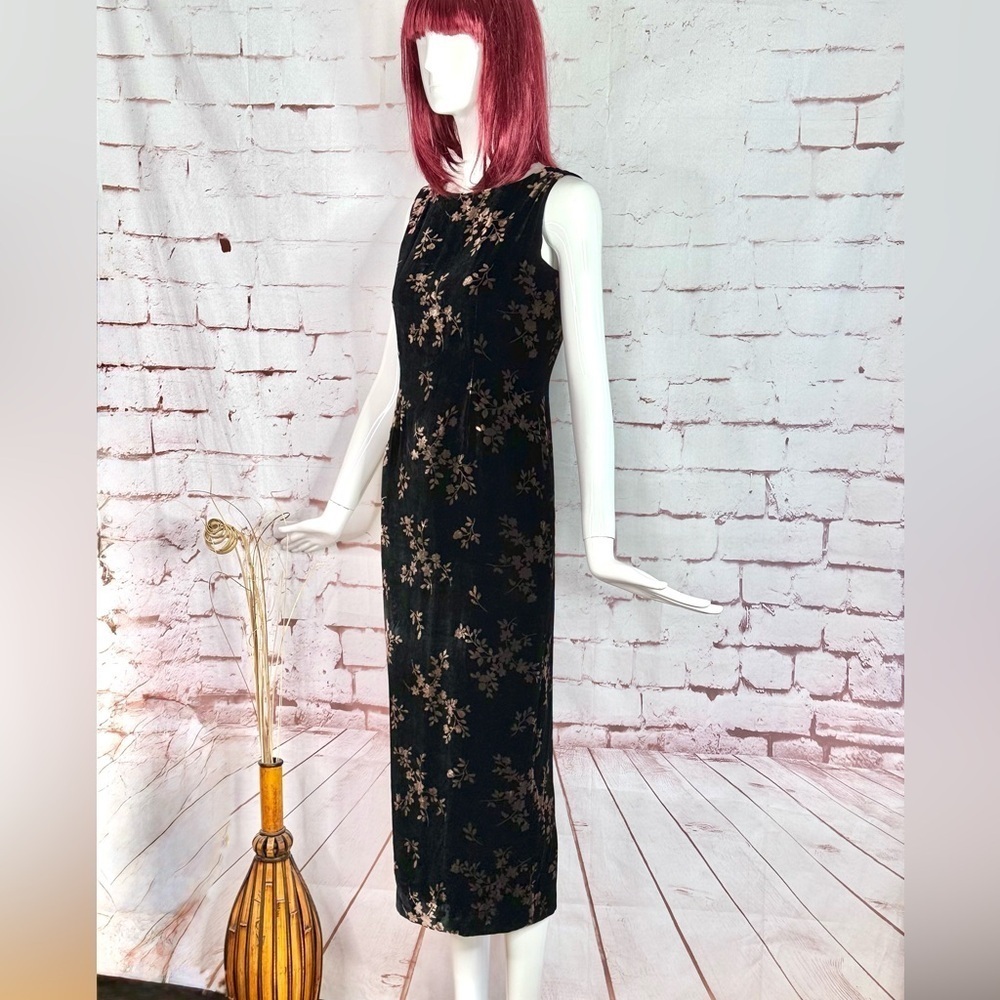 JONES NY EVENING 6P Black & Brown Velvet Design Sleeveless Sheath Midi Dress - Picture 4 of 16